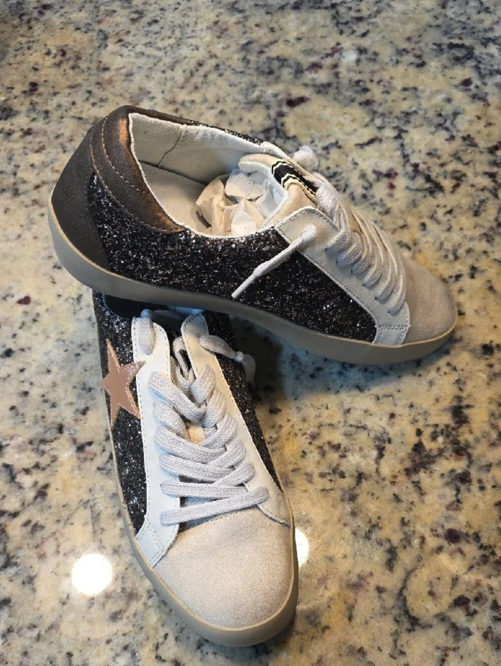 ShuShop Light Gray Suede & Black Glitter Low-Top Sneakers